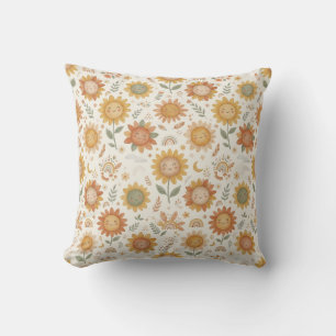 Cute Boho Sunflower Sun & Rainbow Seamless Pattern Cushion