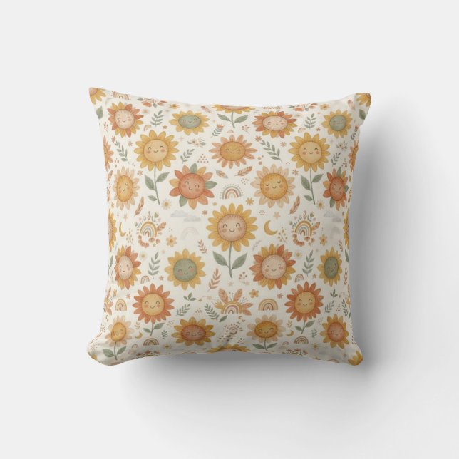 Cute Boho Sunflower Sun & Rainbow Seamless Pattern Cushion (Front)