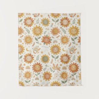 Cute Boho Sunflower Sun & Rainbow Seamless Pattern Tapestry