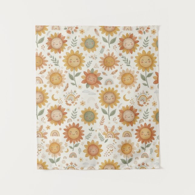 Cute Boho Sunflower Sun & Rainbow Seamless Pattern Tapestry (Front)