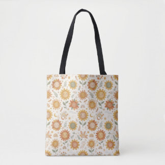 Cute Boho Sunflower Sun & Rainbow Seamless Pattern Tote Bag