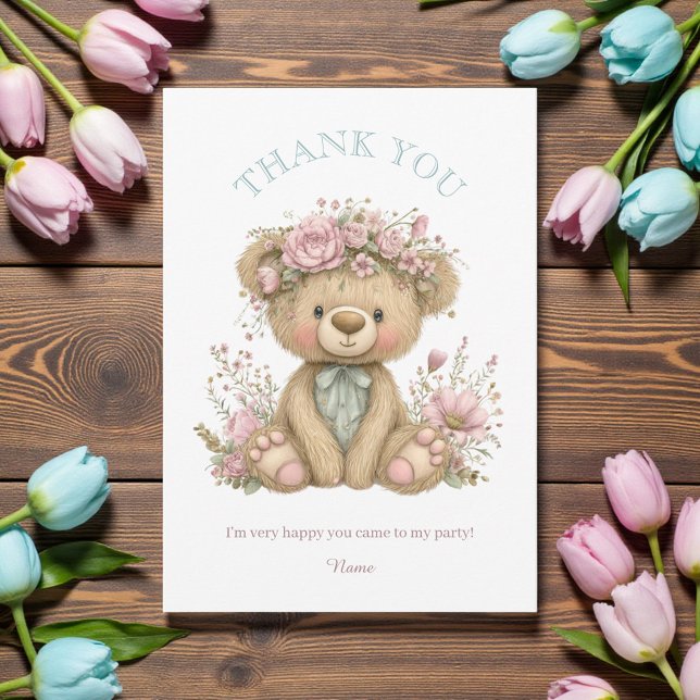 Cute Boho Teddy Bear Birthday Party Thank You Card (Creator Uploaded)