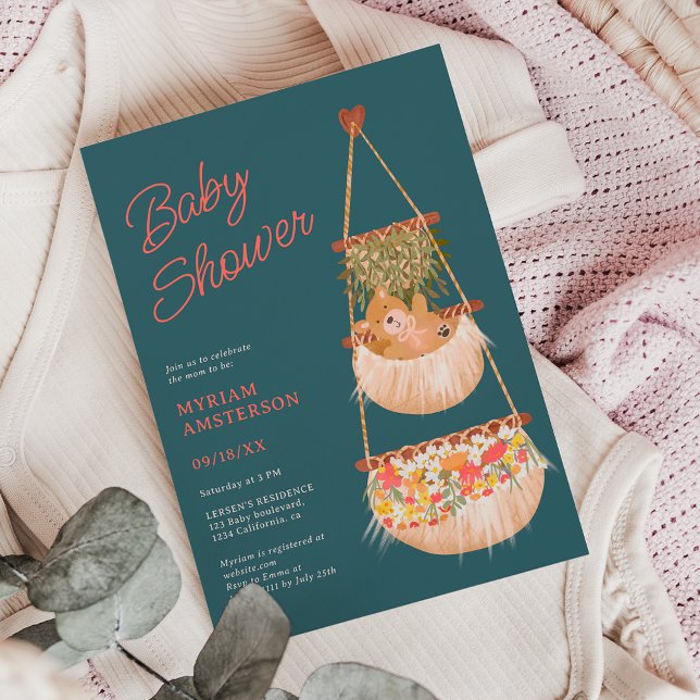 Cute boho teddy bear gender neutral baby shower invitation (Cute boho teddy bear gender neutral baby shower invitation on blue)