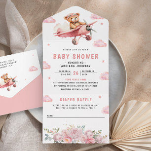Cute Boho Teddy Bear Pink Aeroplane Baby Shower All In One Invitation