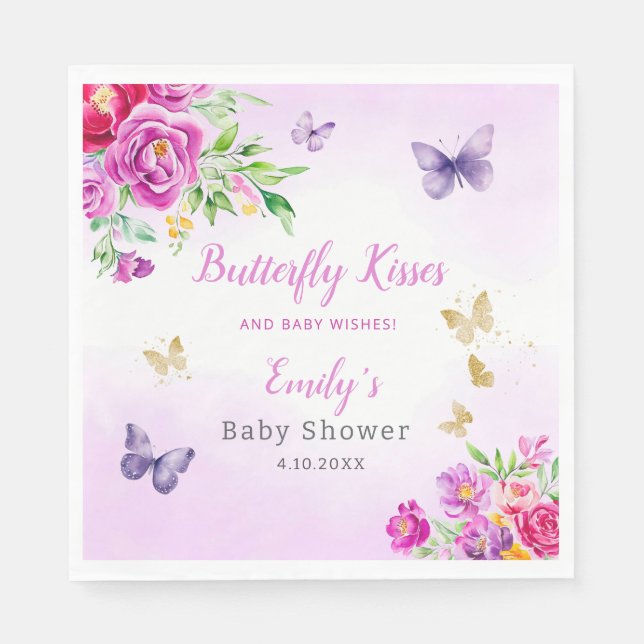 Cute Boho Watercolor Floral Butterfly Baby Shower Napkin (Front)