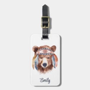 Cute boho watercolor hippie bear design luggage tag