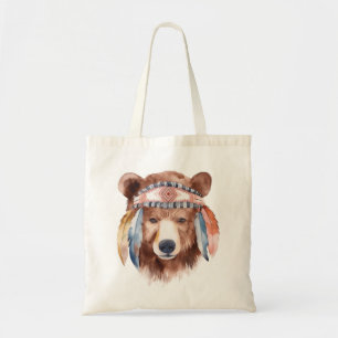 Cute boho watercolor hippie bear design tote bag