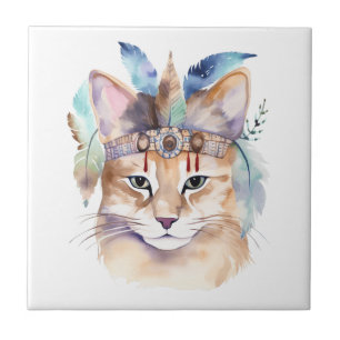 Cute boho watercolor hippie cat design ceramic tile