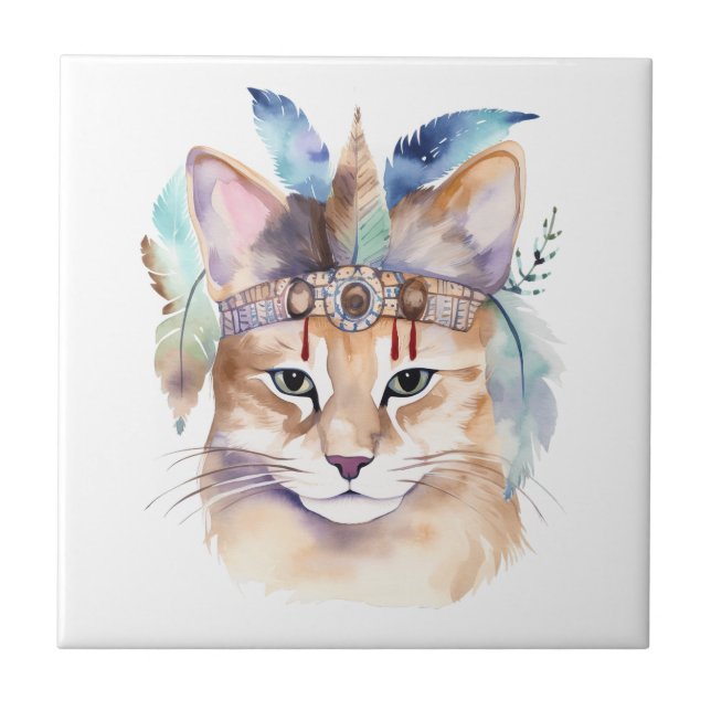 Cute boho watercolor hippie cat design ceramic tile (Front)