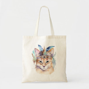 Cute boho watercolor hippie cat design tote bag