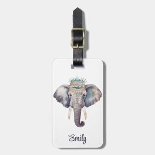 Cute boho watercolor hippie elephant design luggage tag