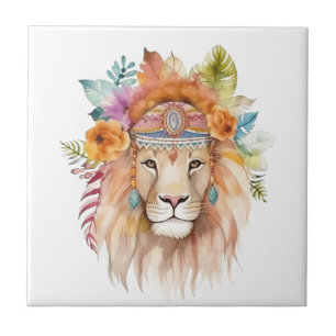 Cute boho watercolor hippie lion design ceramic tile