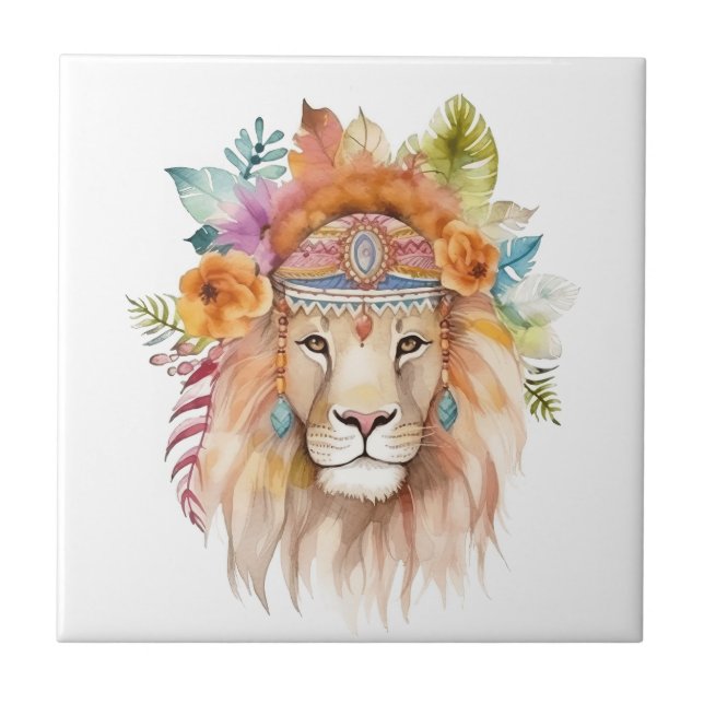 Cute boho watercolor hippie lion design ceramic tile (Front)