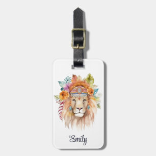 Cute boho watercolor hippie lion design luggage tag