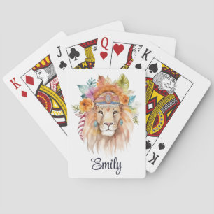 Cute boho watercolor hippie lion design playing cards