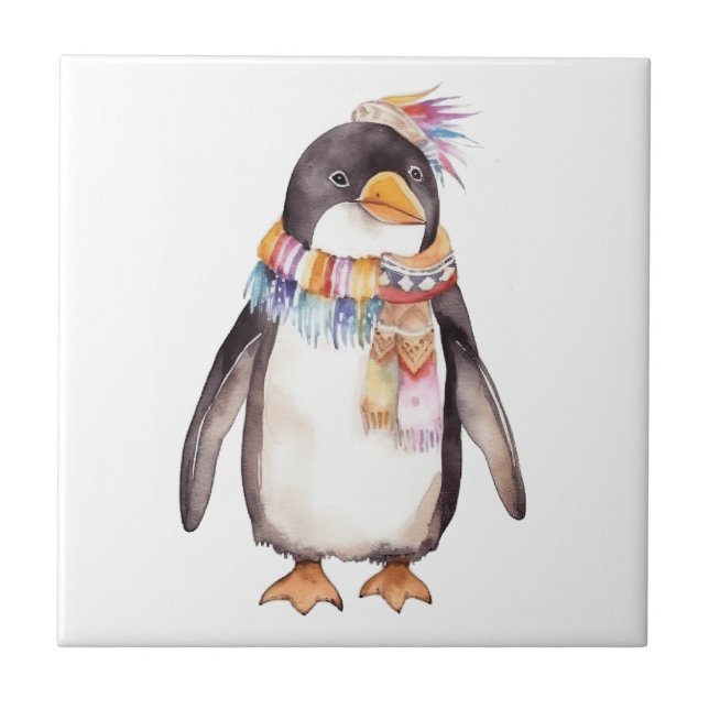 Cute boho watercolor hippie penguin design ceramic tile (Front)