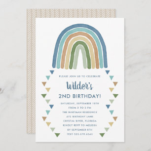 Cute Boho Watercolor Rainbow Birthday Blue Invitation