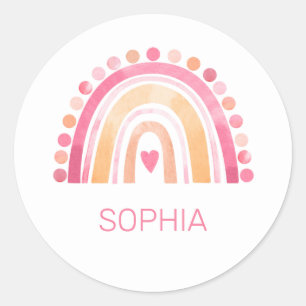 Cute Boho Watercolor Rainbow in Pink personalised Classic Round Sticker