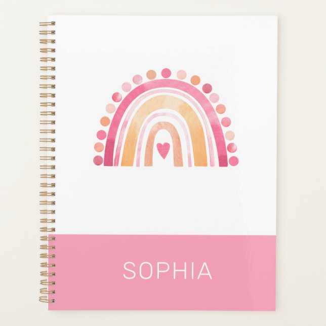 Cute Boho Watercolor Rainbow in Pink personalised Planner (Front)