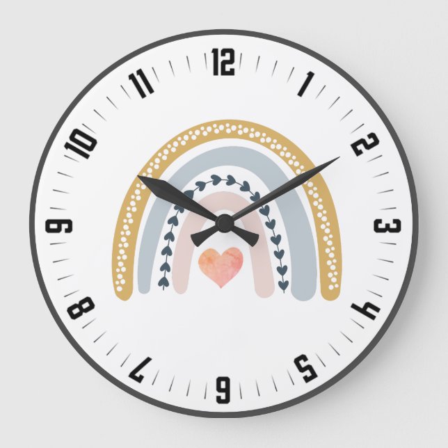 Cute Boho Watercolor Rainbow Nursery Large Clock (Front)