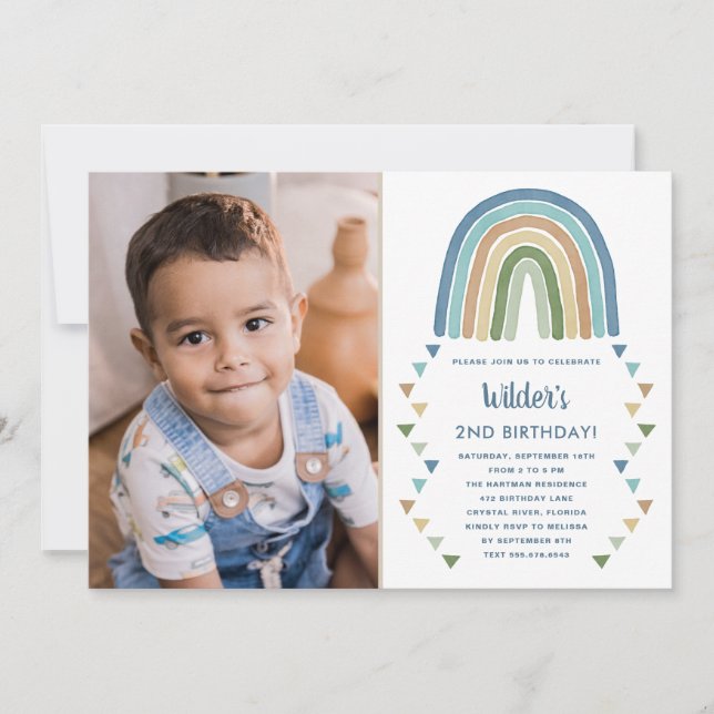 Cute Boho Watercolor Rainbow Photo Birthday Blue Invitation (Front)