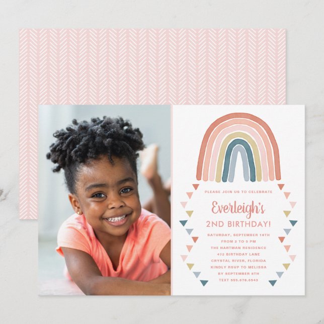 Cute Boho Watercolor Rainbow Photo Birthday Coral Invitation (Front/Back)