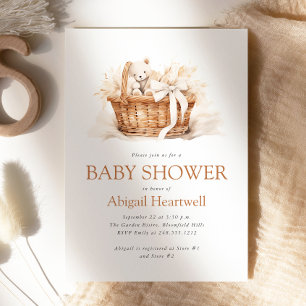 Cute Boho Watercolor Teddy Bear Basket Baby Shower Invitation