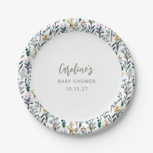 Cute Boho Watercolor Wildflower Baby Shower Custom Paper Plate