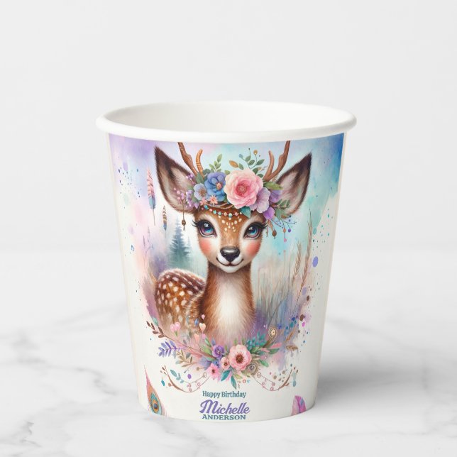 Cute Boho Watercolor Woodland Deer Birthday Party Paper Cups (Front)
