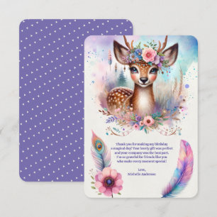 Cute Boho Watercolor Woodland Deer Birthday Party Thank You Card