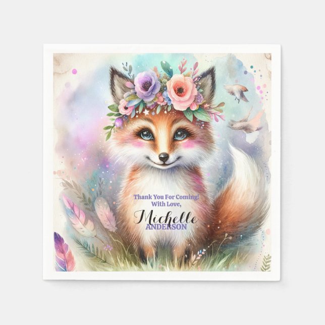 Cute Boho Watercolor Woodland Fox Birthday Party Napkin (Front)