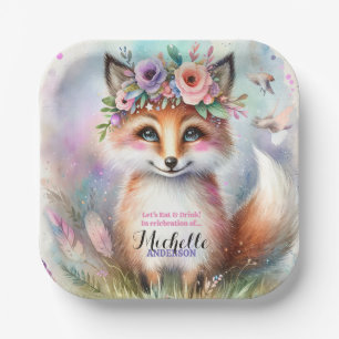 Cute Boho Watercolor Woodland Fox Birthday Party Paper Plate