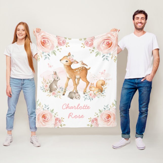 Cute Boho Woodland Animals Pink Floral Baby Girl Fleece Blanket (In Situ)
