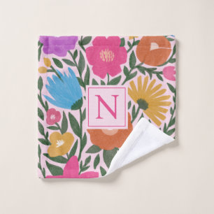 Cute Bold Colourful Flowers Girls Monogram   Wash Cloth