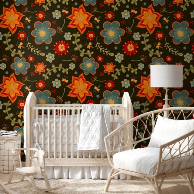 Cute Bold Orange Blue Floral Whimsical Pattern  Wallpaper (Creator Uploaded)