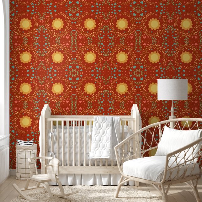 Cute Bold Red Floral Whimsical Pattern  Wallpaper (Kids)