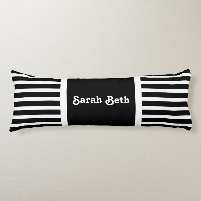 Cute Bold Stripes Black & White, Add your name Body Cushion (Front)