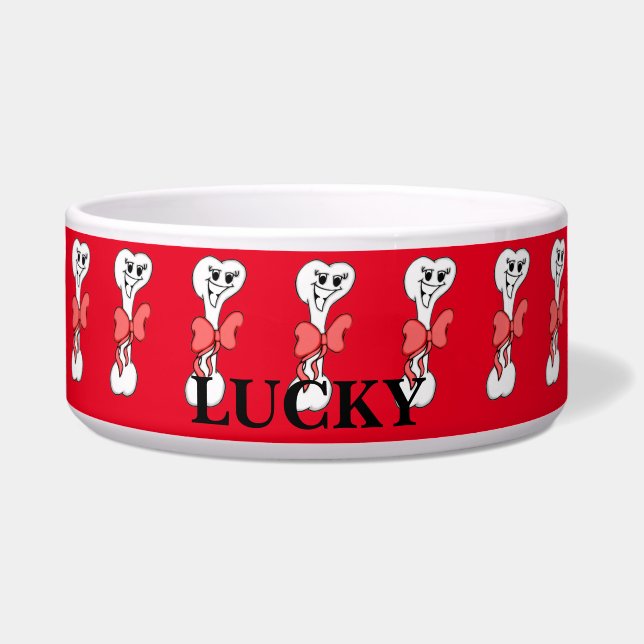 Cute Bones with Red Bows Ceramic Pet Bowl (Front)