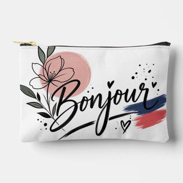 Cute Bonjour Floral Typography  Accessory Pouch (Front)
