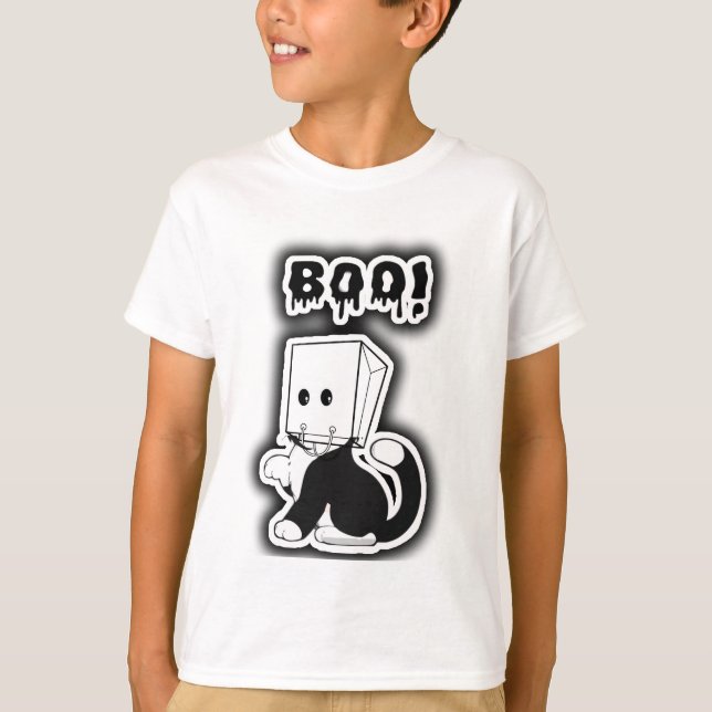 Cute "Boo!" Black Cat with Paper Bag Mask  T-Shirt (Front)