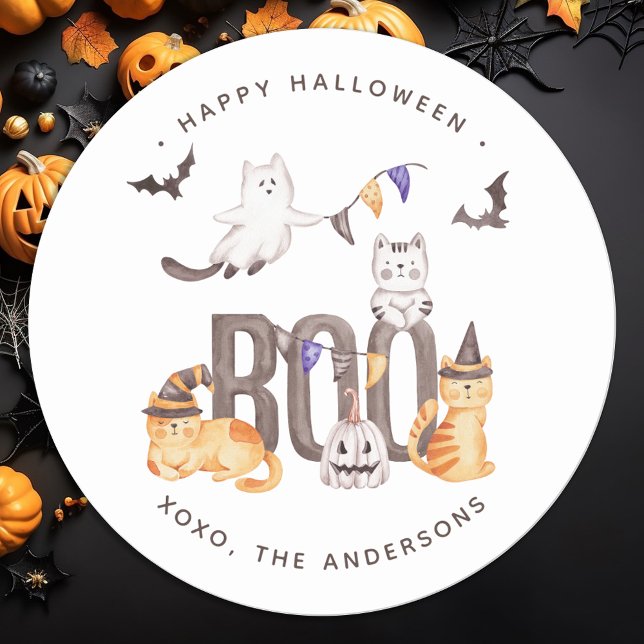 Cute Boo Cats Ghosts Pumpkin Happy Halloween Classic Round Sticker (Creator Uploaded)