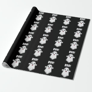 Cute Boo Ghost Halloween Pattern Black And White Wrapping Paper