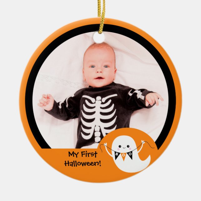 Cute Boo Ghost Halloween Photo Ornament (Front)