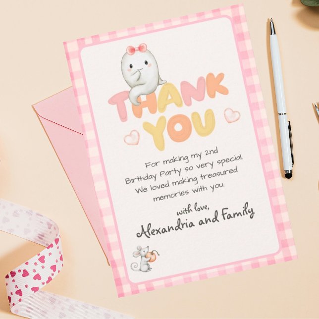 Cute Boo Ghost Pink Birthday Party Girl Thank You Card (Cute Boo Ghost Thank You Birthday Party.)