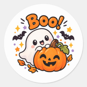 Cute Boo Ghost Pumpkin Halloween Round Sticker