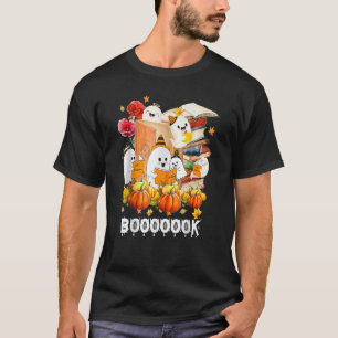 Cute Boo Ghost Reading Book Pumpkin Moon Halloween T-Shirt