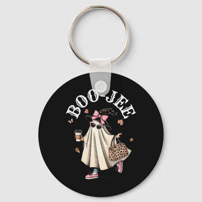 Cute Boo Jee Ghost Halloween Leopard Ghost Coffee  Key Ring (Front)