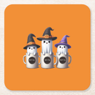 Cute Boo-Jee Ghost in Halloween Square Paper Coaster