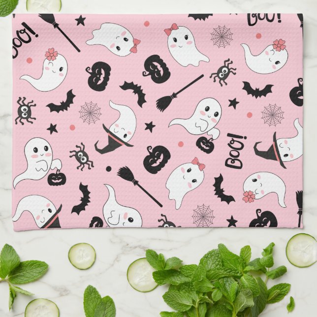 Cute Boo Spooky Ghost Halloween Pink Girl Tea Towel (Folded)
