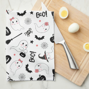 Cute Boo Spooky Ghost Halloween Pink Girl Tea Towel